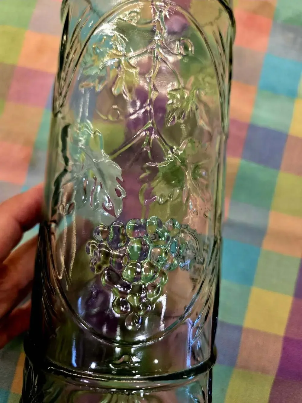 Vintage Green Glass Bottle Decanter with Raised Grape and Vine Relief Design